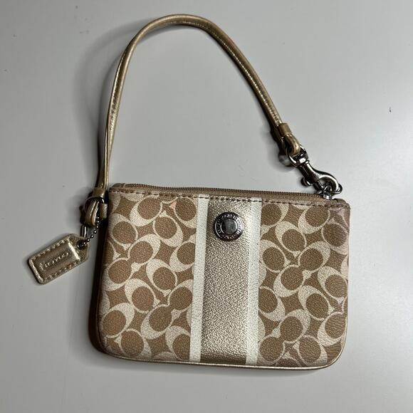 Coach Signature Canvas Wristlet Beige Gold Stripe Small Pouch Bag Purse - Picture 1 of 5